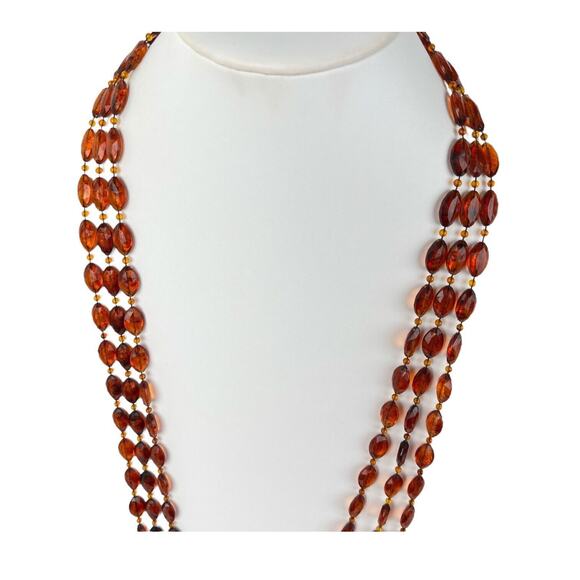 Multi Strand Necklace Long Faux Amber Plastic Beads Translucent Marquise Vintage - Picture 4 of 8